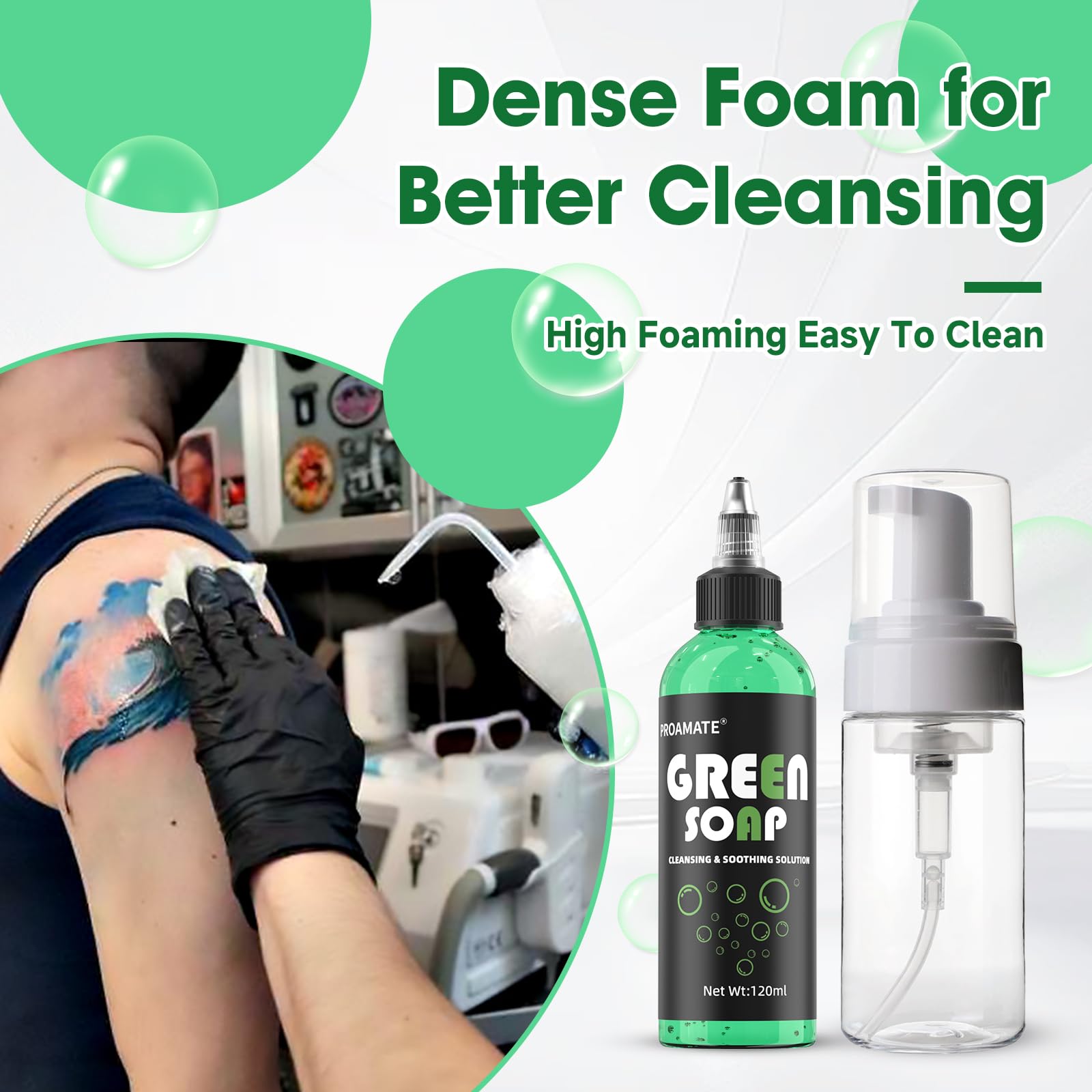 Proamate Green Tattoo Soap lather being gently applied to skin