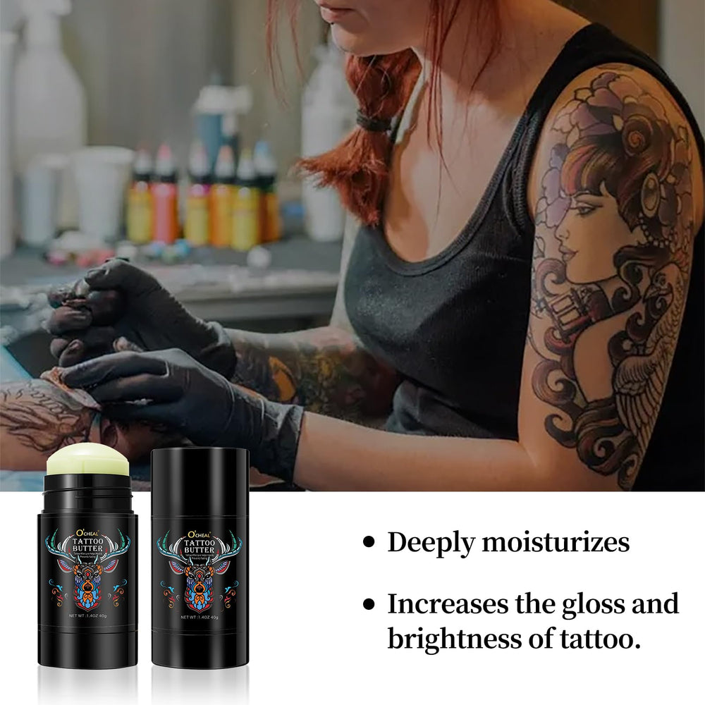 Proamate Tattoo Aftercare Butter on skin demonstrates easy roll-on application.