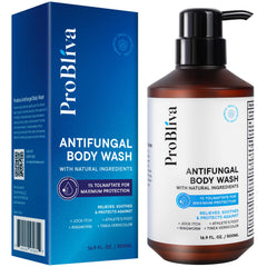 ProBliva antifungal body wash bottle with label highlighting 1% Tolnaftate for skin care.