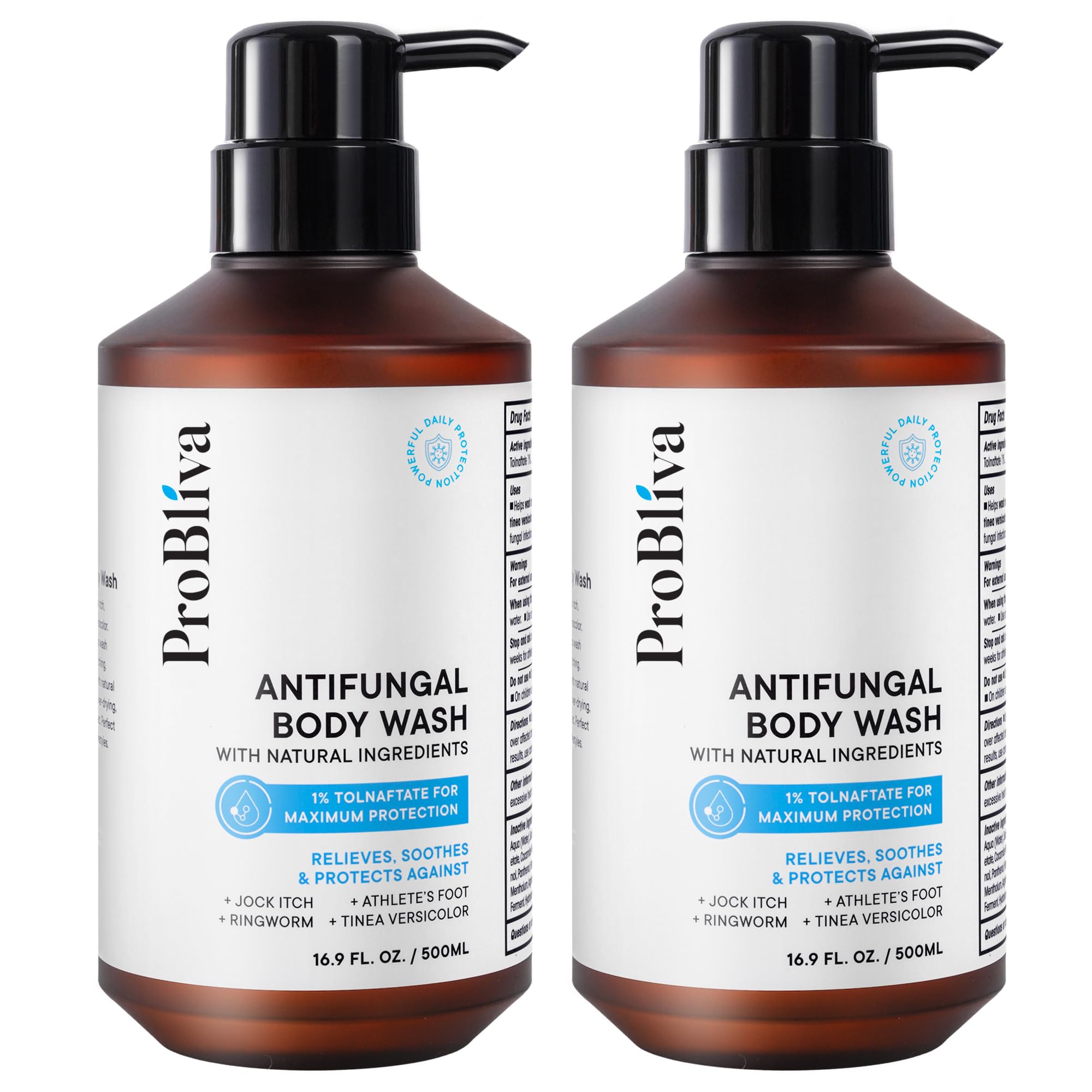 ProBliva antifungal body wash bottle highlights medicated formula for daily skin defense.