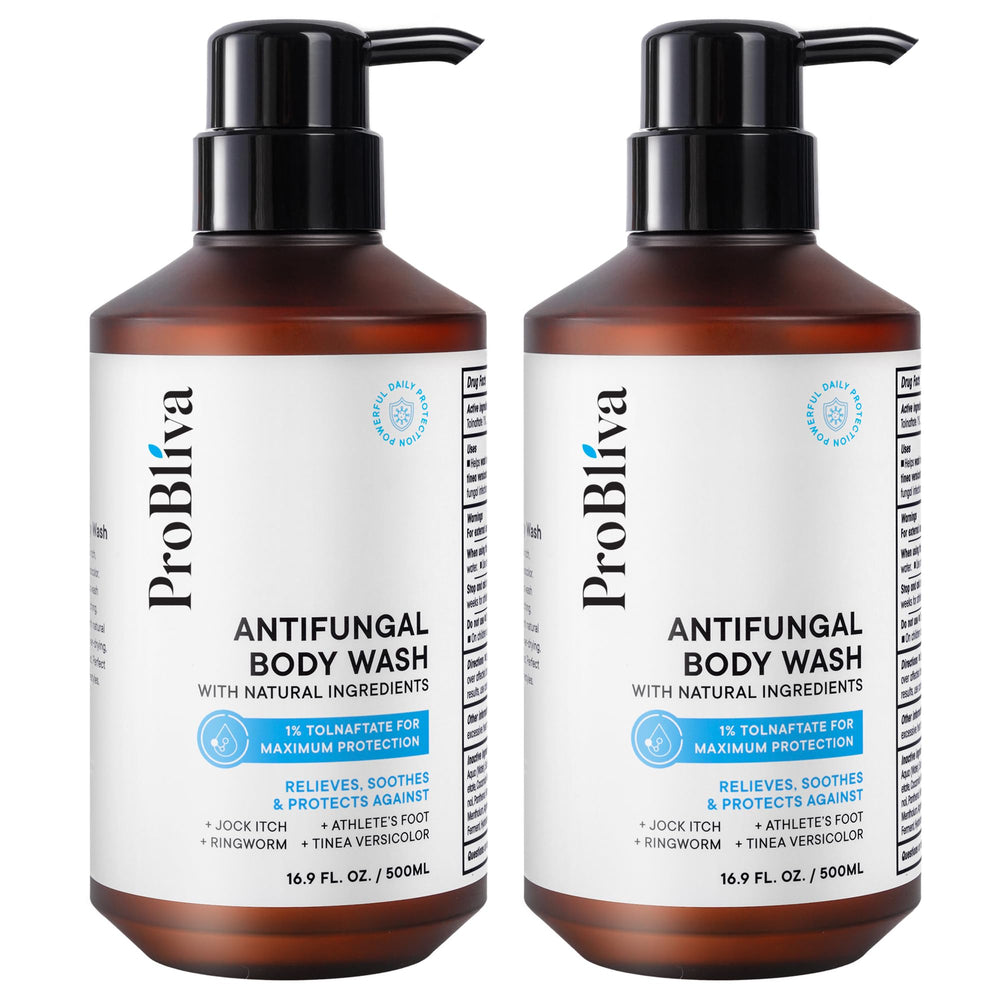 ProBliva antifungal body wash bottle highlights medicated formula for daily skin defense.