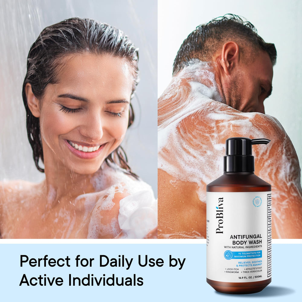 ProBliva antifungal body wash foam shows cooling lather for itch relief after workouts.