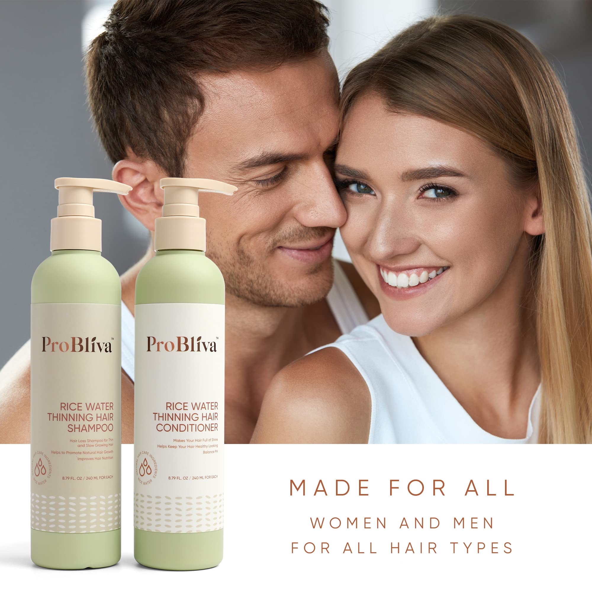 ProBliva Rice Water ingredients closeup highlights biotin and caffeine benefits.