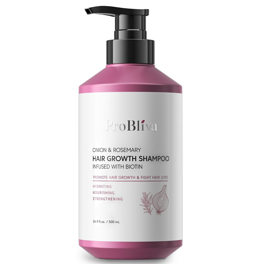 ProBliva onion and biotin shampoo bottle front promotes healthier-looking hair.