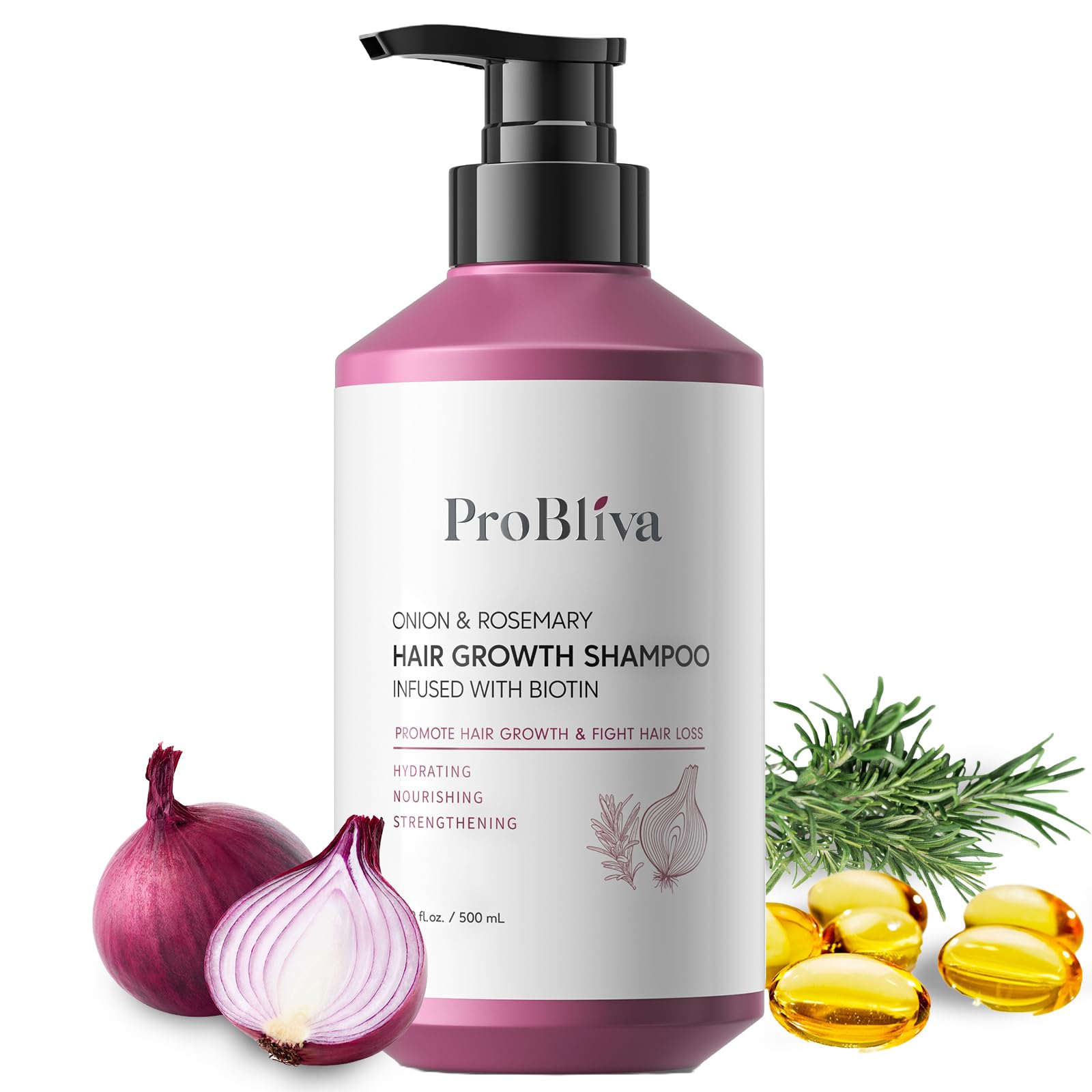 ProBliva Onion and Rosemary Shampoo bottle highlighting biotin-infused formula for thinning hair.
