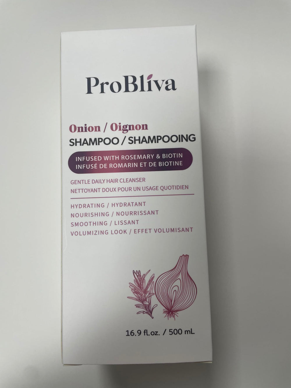 ProBliva shampoo label close-up highlighting natural ingredients.