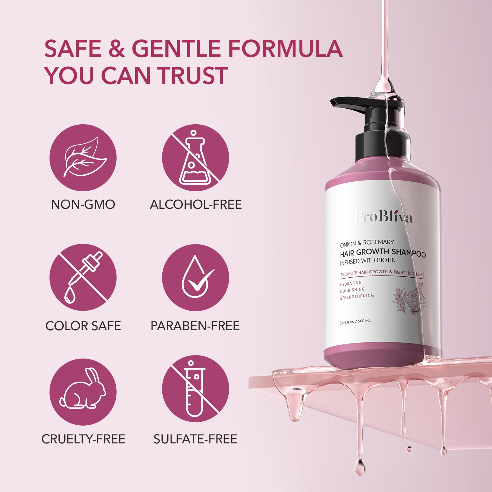 Shampoo bottle size 16.9 oz indicating value and long-lasting care.