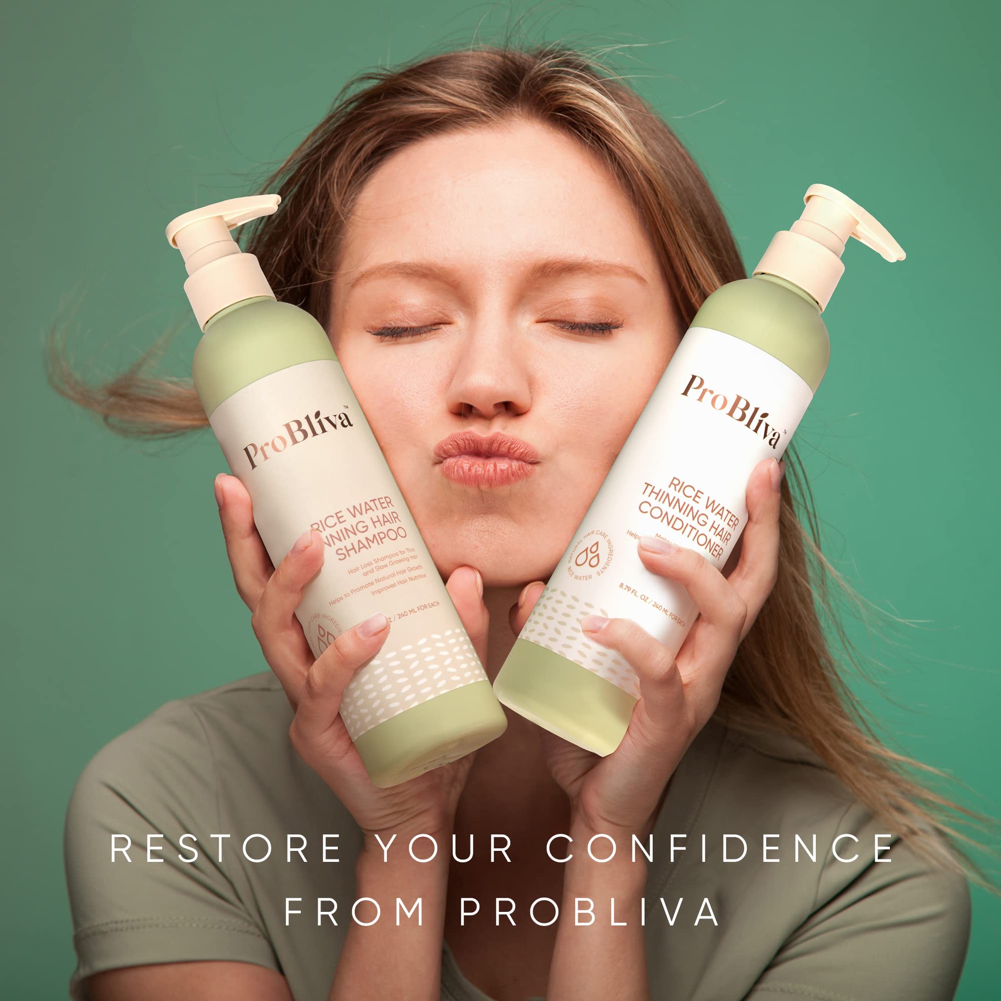 ProBliva Rice Water Conditioner bottle suggests conditioning for fuller hair.