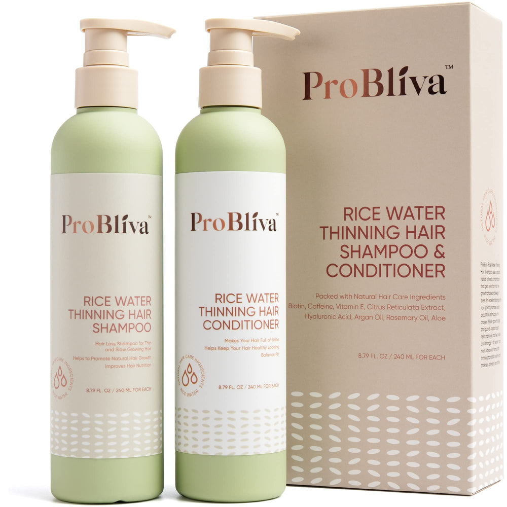 ProBliva Rice Water Shampoo bottle shows potential support for thinning hair.