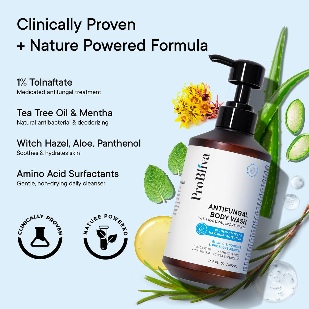 ProBliva tea tree oil motif emphasizes cooling, refreshing cleanse.