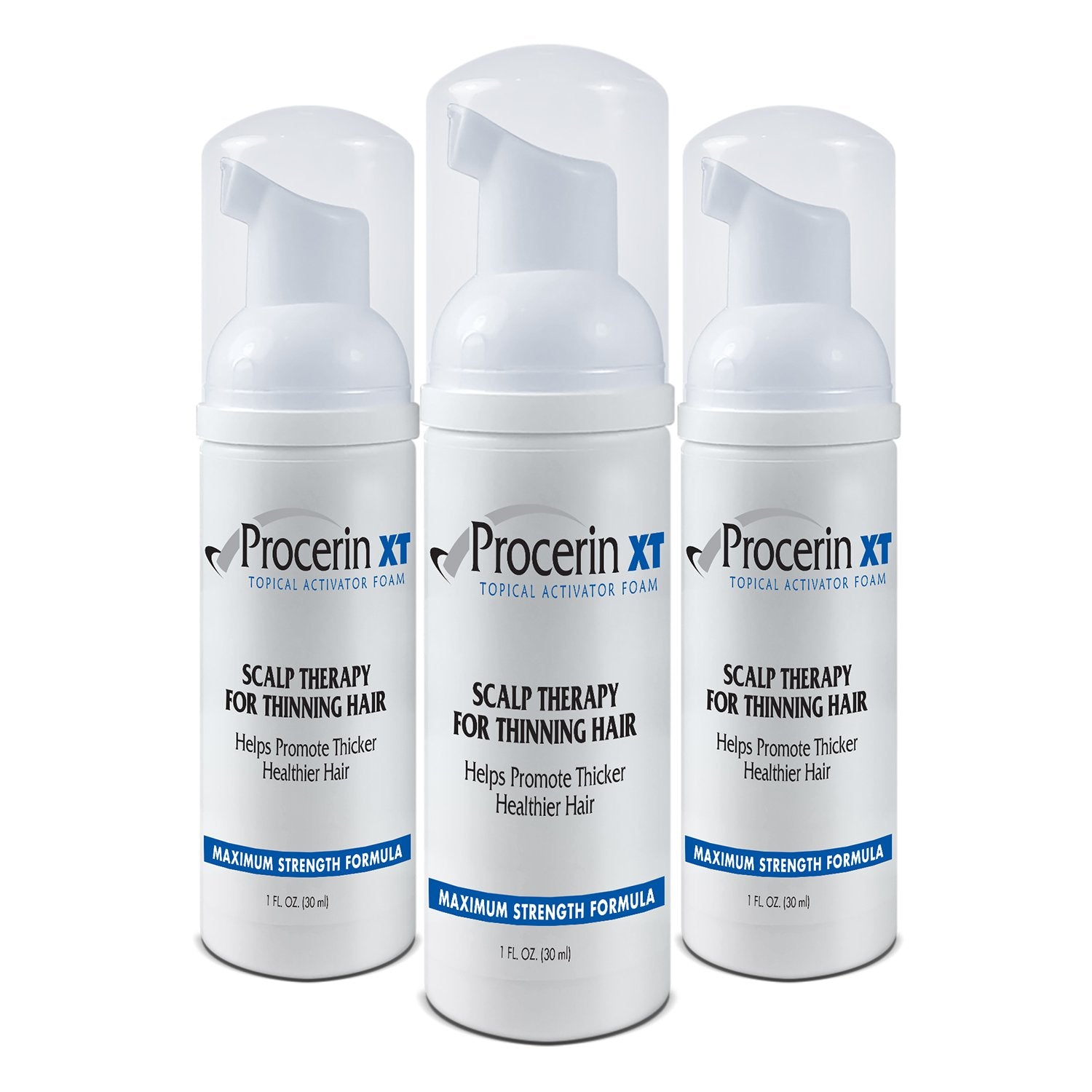 Procerin Hair Loss Foam bottle showing natural ingredients and DHT-blocking promise.
