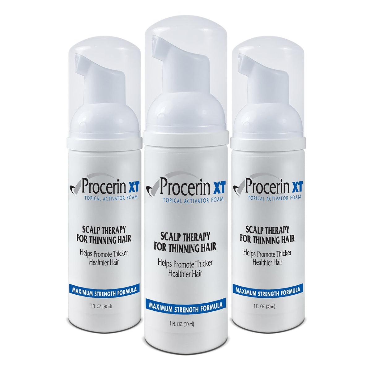 Procerin Hair Loss Foam bottle showing natural ingredients and DHT-blocking promise.