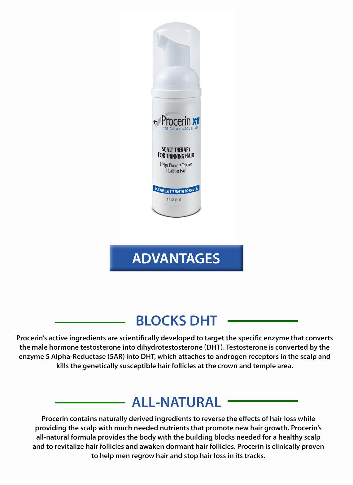 Procerin XT Foam ingredients chart highlighting botanical actives for follicle vitality.