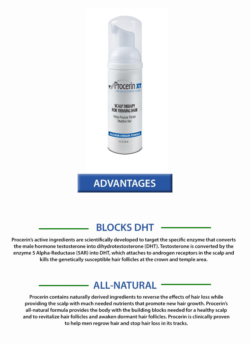 Procerin XT Foam ingredients chart highlighting botanical actives for follicle vitality.
