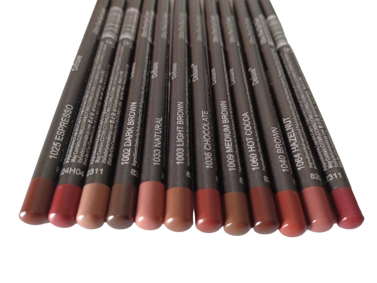 12pc Ultra Fine Lip & Eye Liner Brown Set closeup pencils showing precise tips for crisp lines