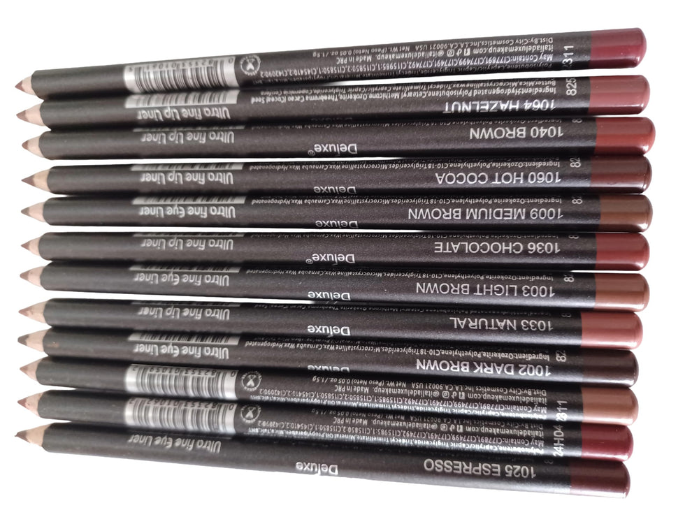 12pc Ultra Fine Lip & Eye Liner Brown Set swatches show versatile shade range for lips and eyes