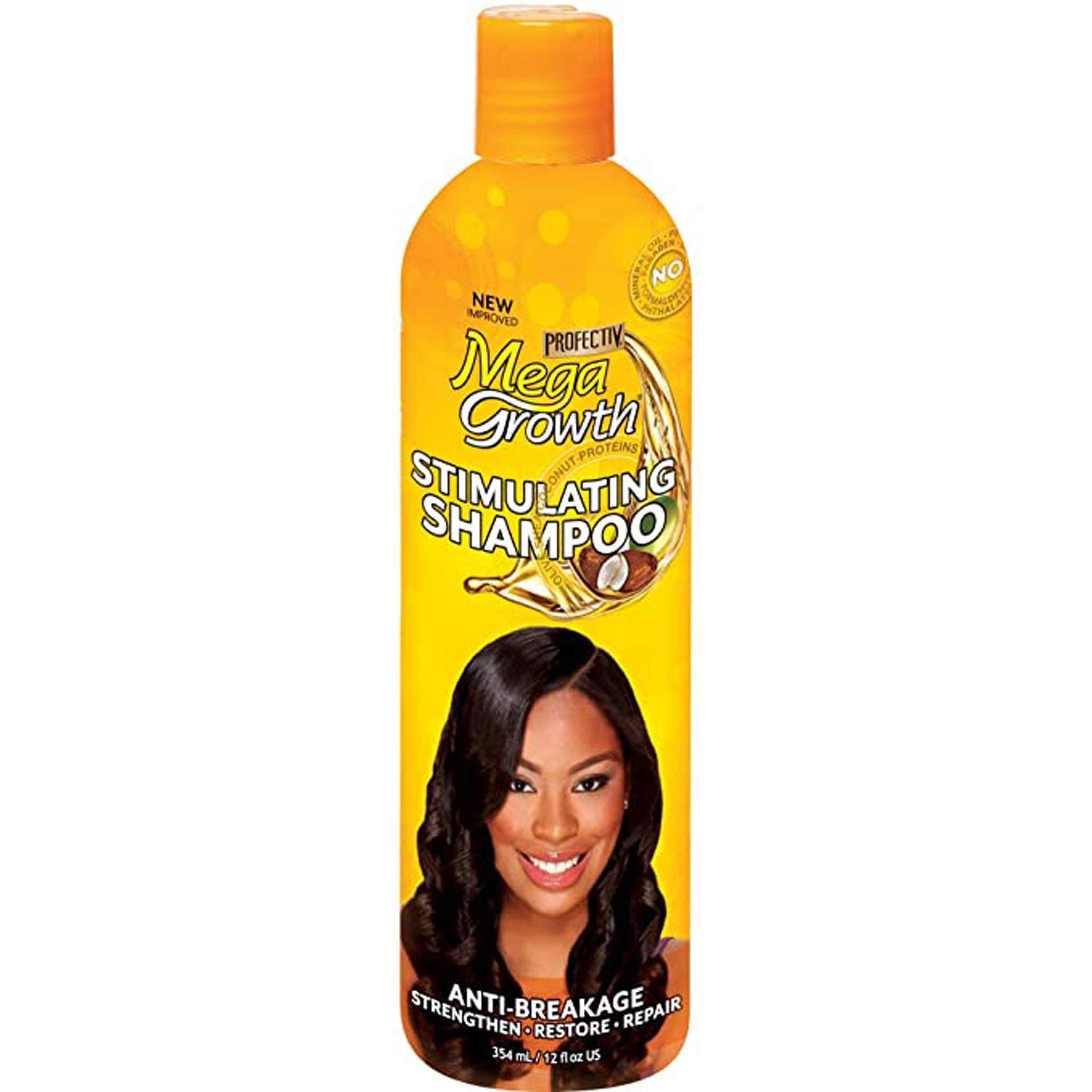 Close-up of Profectiv Mega Growth Shampoo label emphasizing anti-breakage and scalp care.