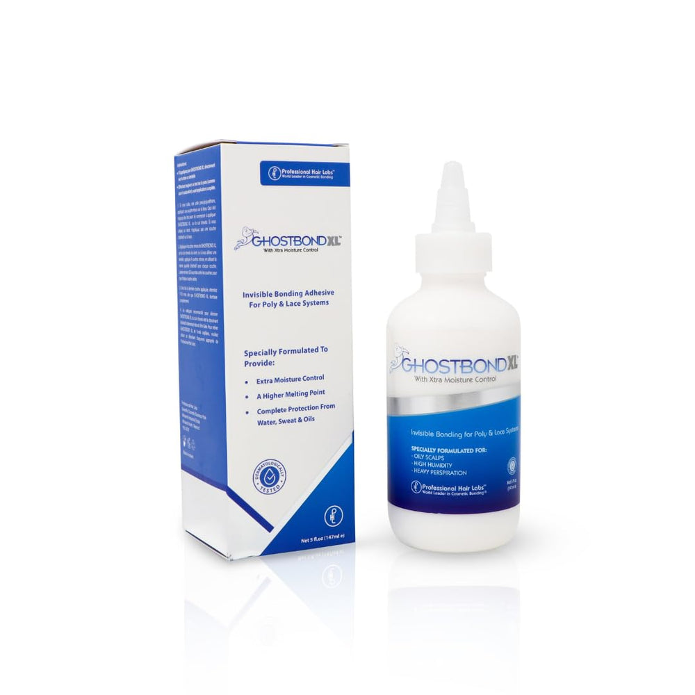 GhostBond XL bottle pour showing light hold for hair systems by Professional Hair Labs