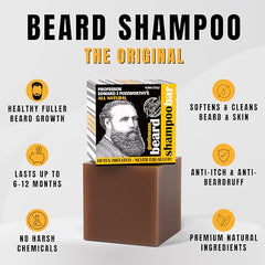 Close-up of Professor Fuzzworthy's beard shampoo bar showing texture and premium natural oils for nourishment.
