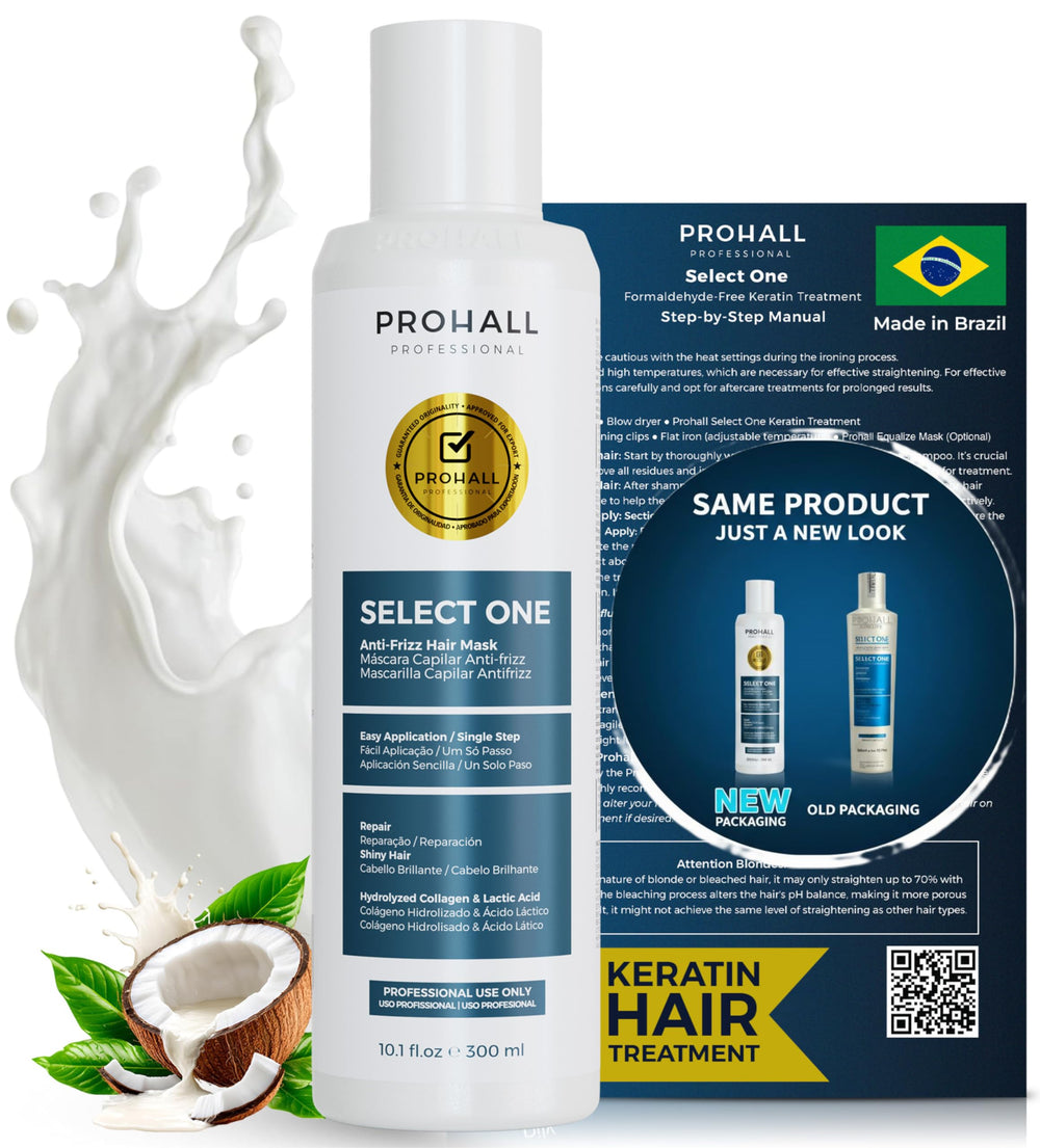 Prohall Select One Brazilian Keratin bottle with formaldehyde-free formula for smooth, frizz-controlled hair.
