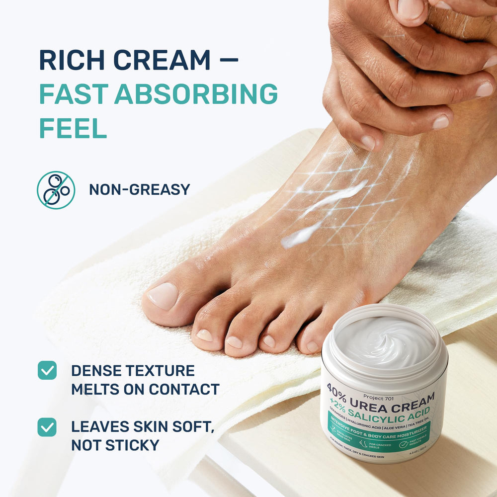 Project 701 Urea Cream 40% applied on heels demonstrates targeted smoothing.