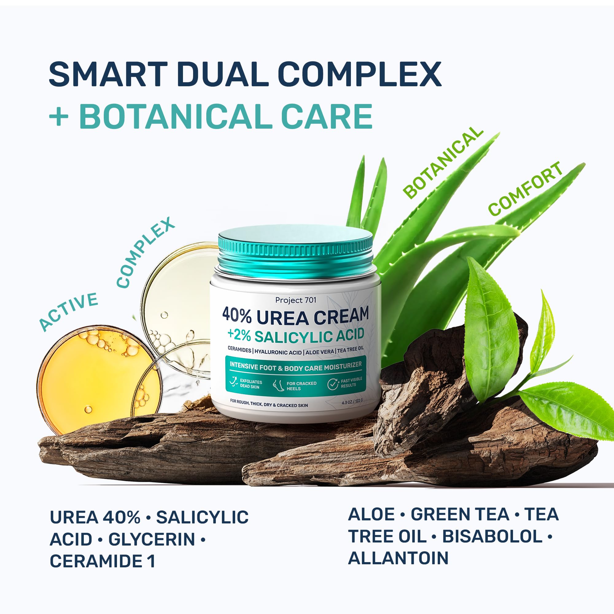 Project 701 Urea Cream 40% with hyaluronic acid aids hydration during exfoliation.