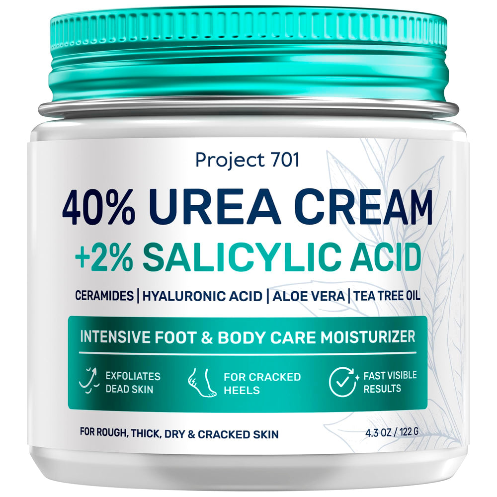 Project 701 Urea Cream 40% jar close-up highlighting keratolytic power for rough calluses.