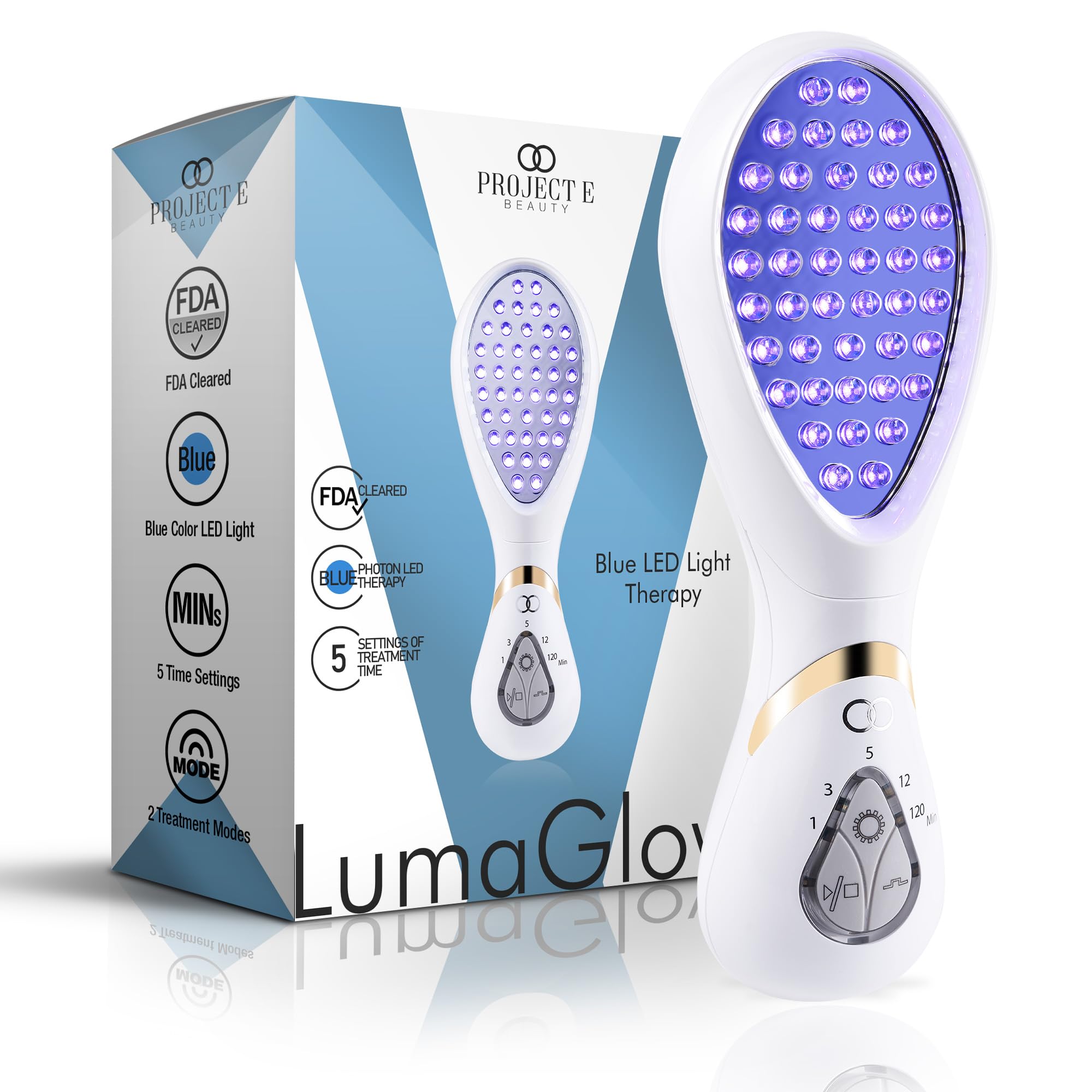Project E Beauty LumaGlow blue LED device front view for at home skincare