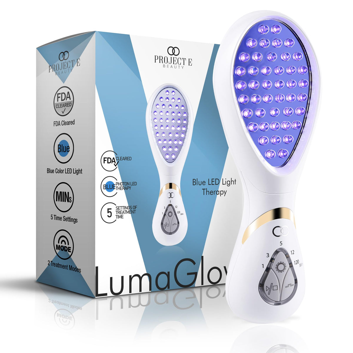 Project E Beauty LumaGlow blue LED device front view for at home skincare