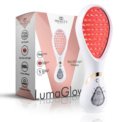 Project E Beauty LumaGlow front view shows a portable red light therapy device for home use.