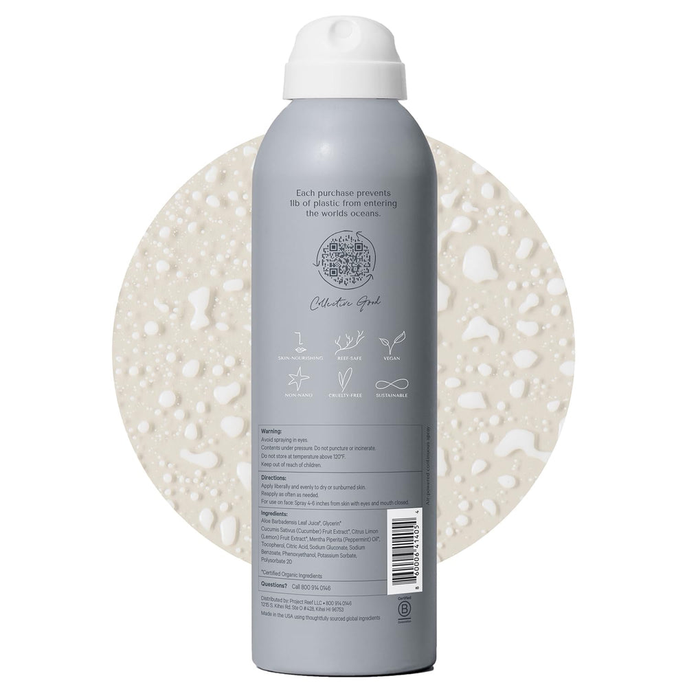 Project Reef aloe cooling mist spray application for post-sun refresh.
