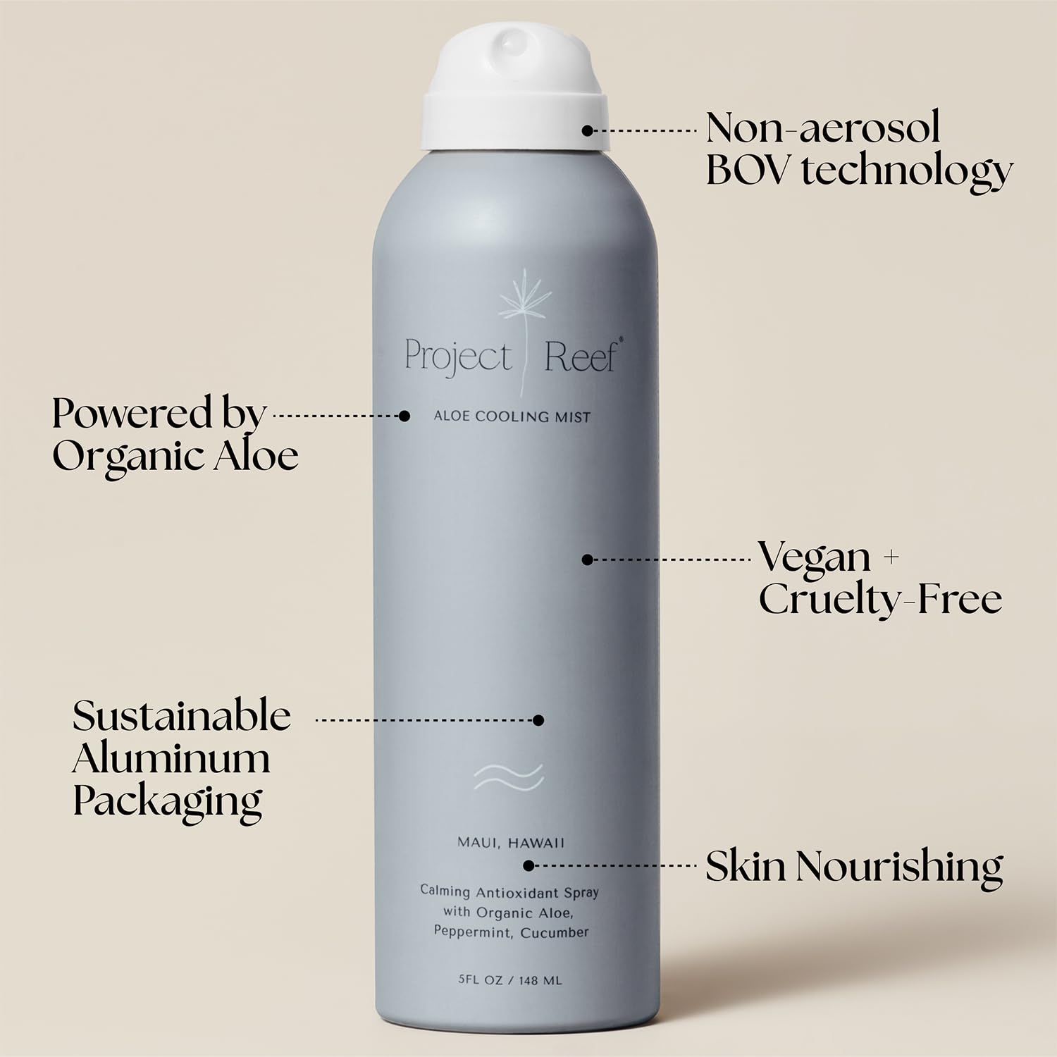 Project Reef aluminum bottle packaging highlights eco-friendly, recyclable design.