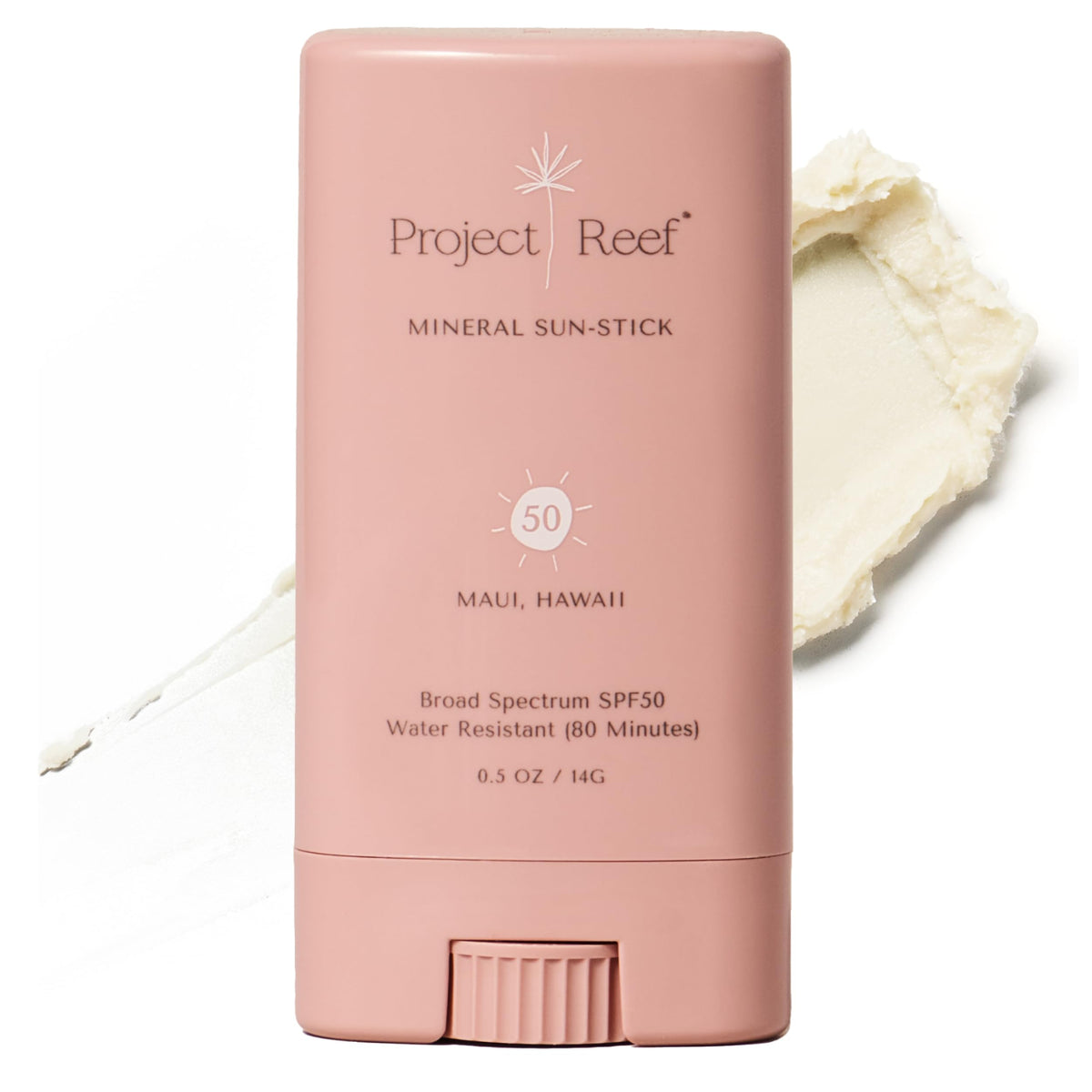 Project Reef SPF 50 mineral sunscreen stick in compact form for on-the-go protection.