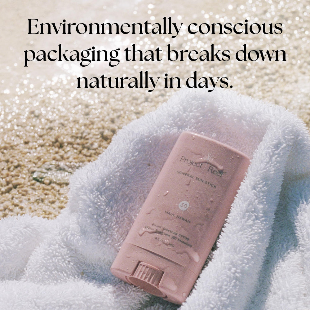 Travel-friendly compact sunscreen stick in a bag.