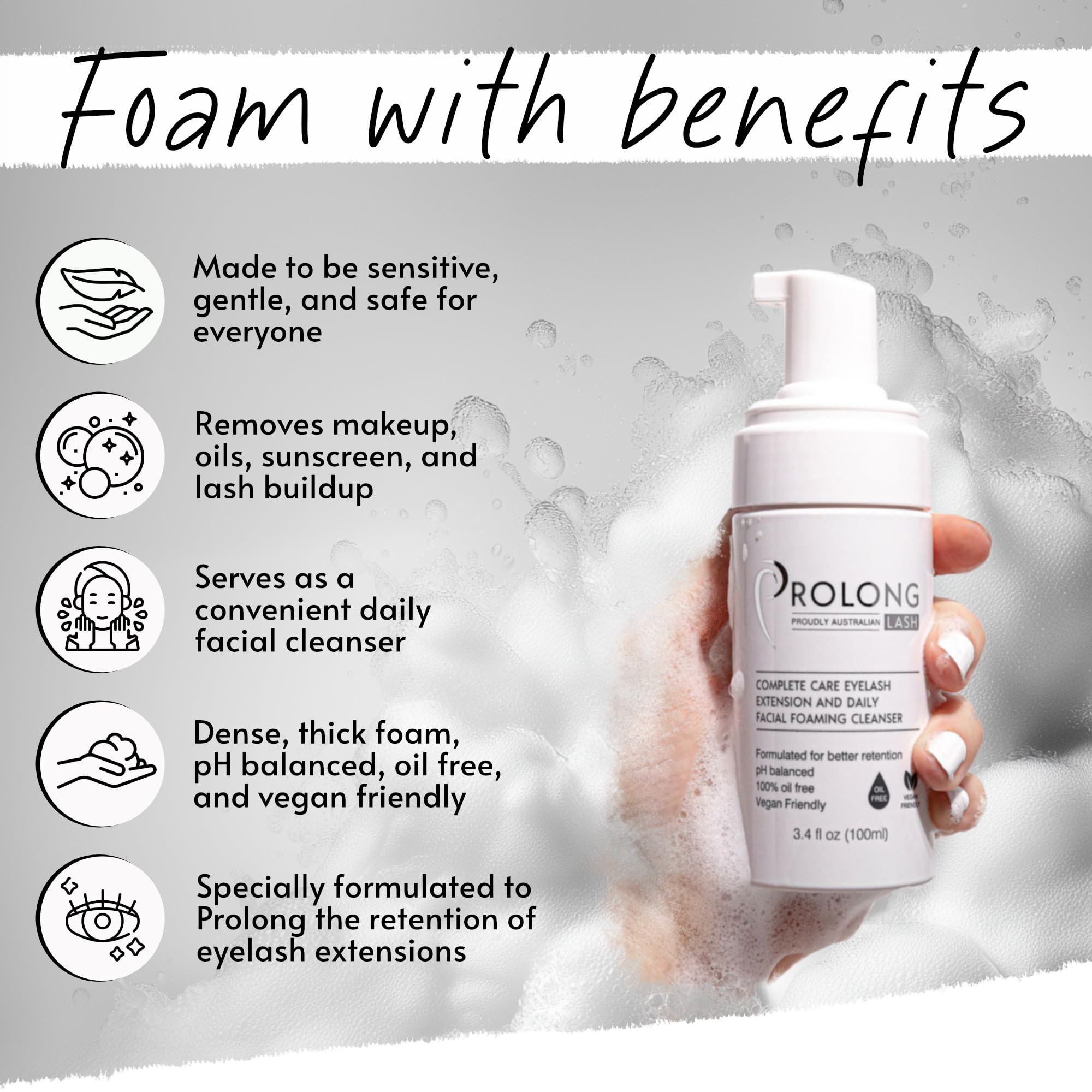 PROLONG LASH foaming cleanser for gentle eye makeup removal.