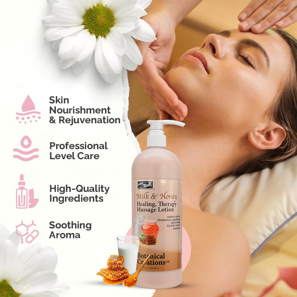 PRO NAIL Healing Therapy Massage Lotion bottle highlights cuticle softening and nail conditioning.