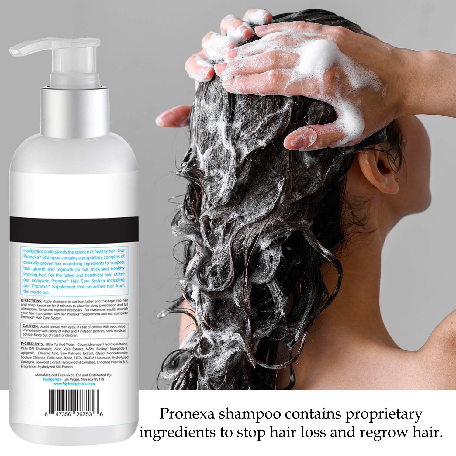 Pronexa Hairgenics clinical-strength shampoo hair strand swatch suggesting fuller appearance
