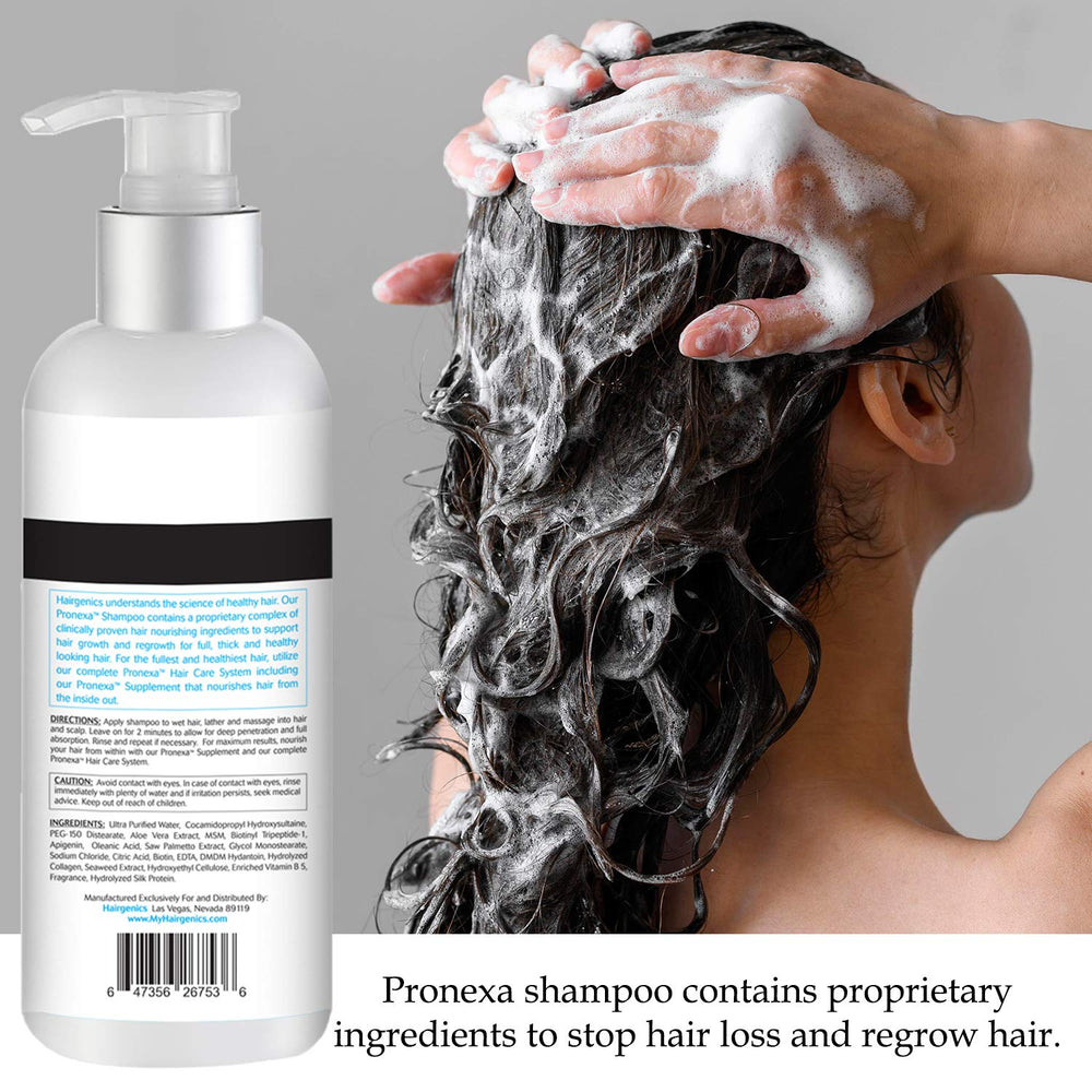 Pronexa Hairgenics clinical-strength shampoo hair strand swatch suggesting fuller appearance