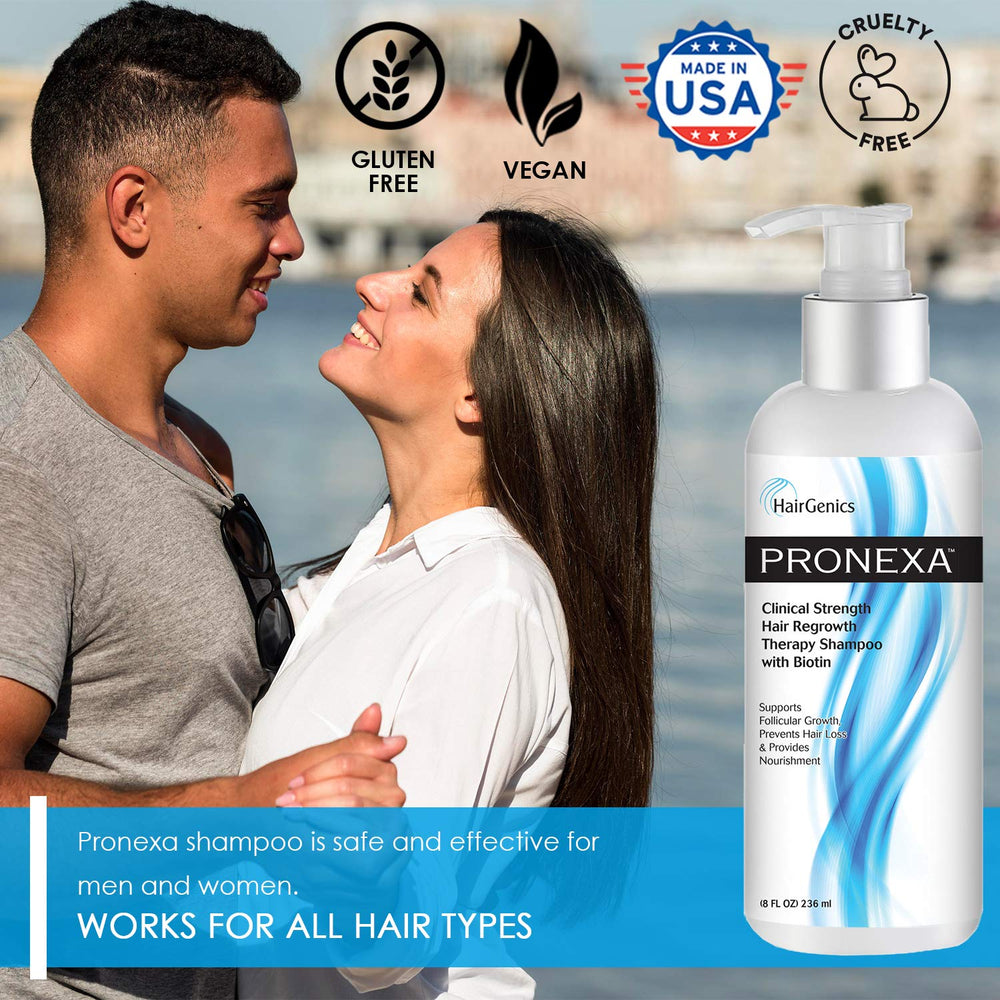 Pronexa Hairgenics clinical-strength shampoo label closeup highlights Biotin and Collagen benefits