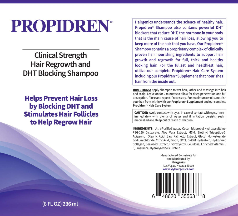 Pronexa Propidren shampoo bottle sits on the sink as part of a daily routine.