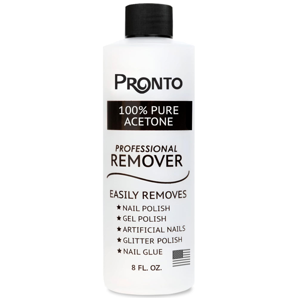 Pronto 100% Acetone gel nail remover bottle closeup for fast polish removal.