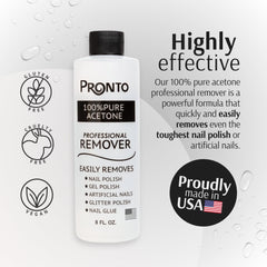 Pronto acetone bottle label detail shows purity and professional-grade remover.