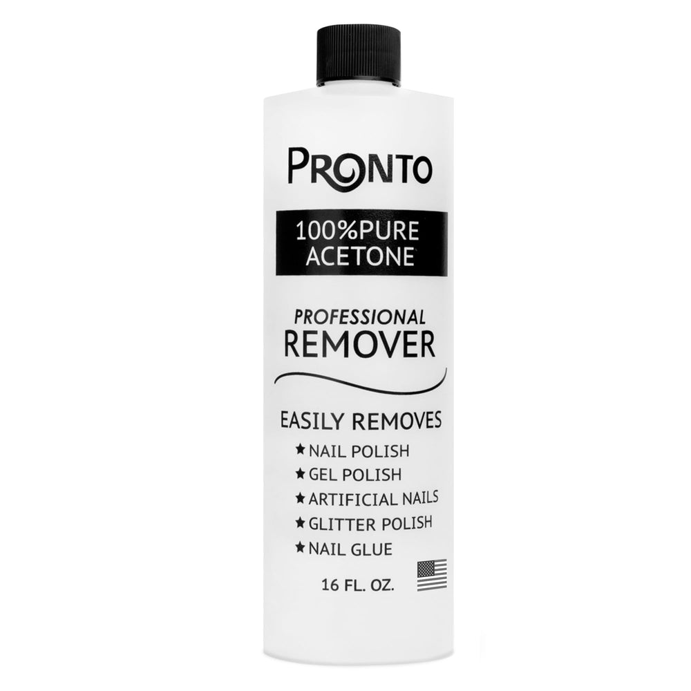 Pronto 100% acetone bottle prepared for quick nail polish removal.