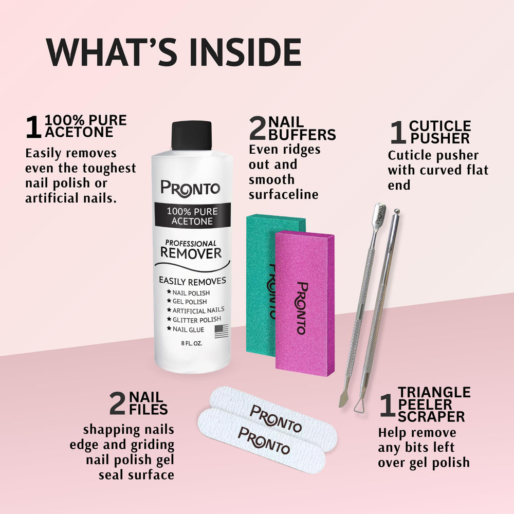 Pronto acetone remover kit with manicure tools for salon-like results.