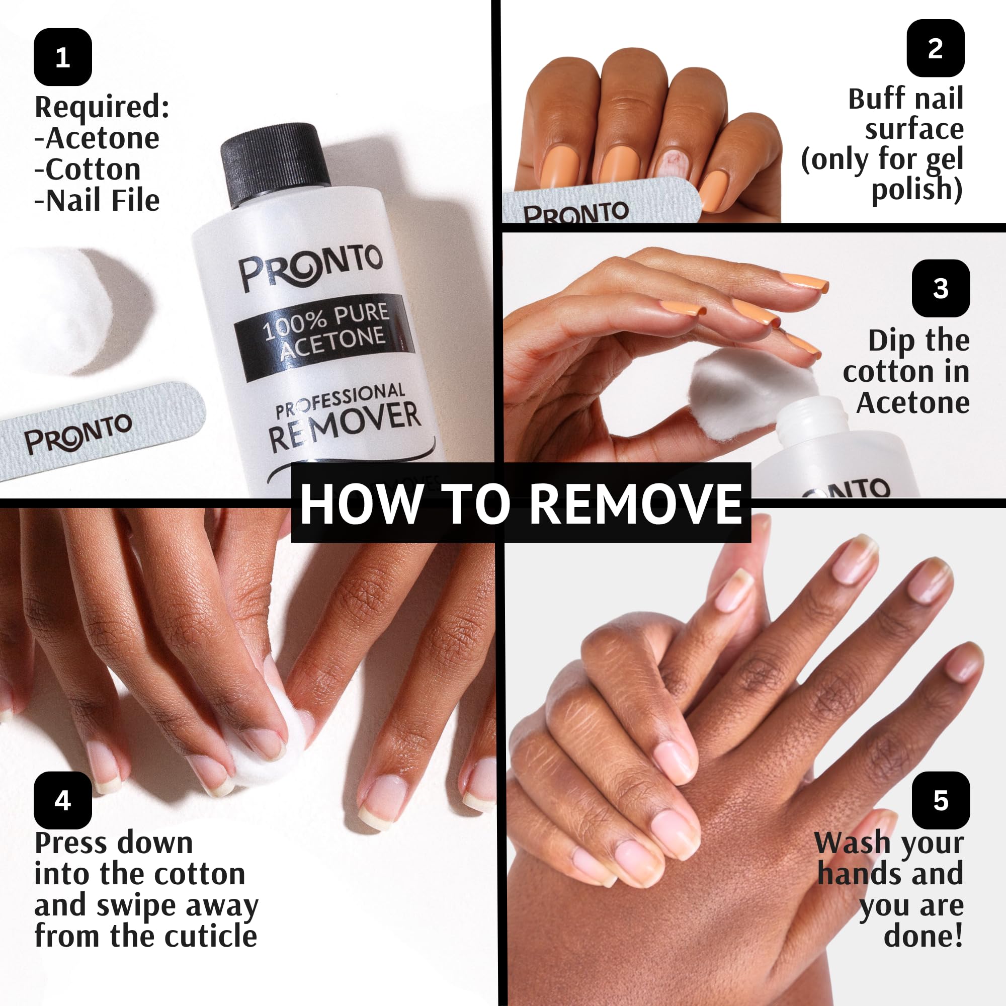 Pronto USA-made acetone remover for professional-quality results.