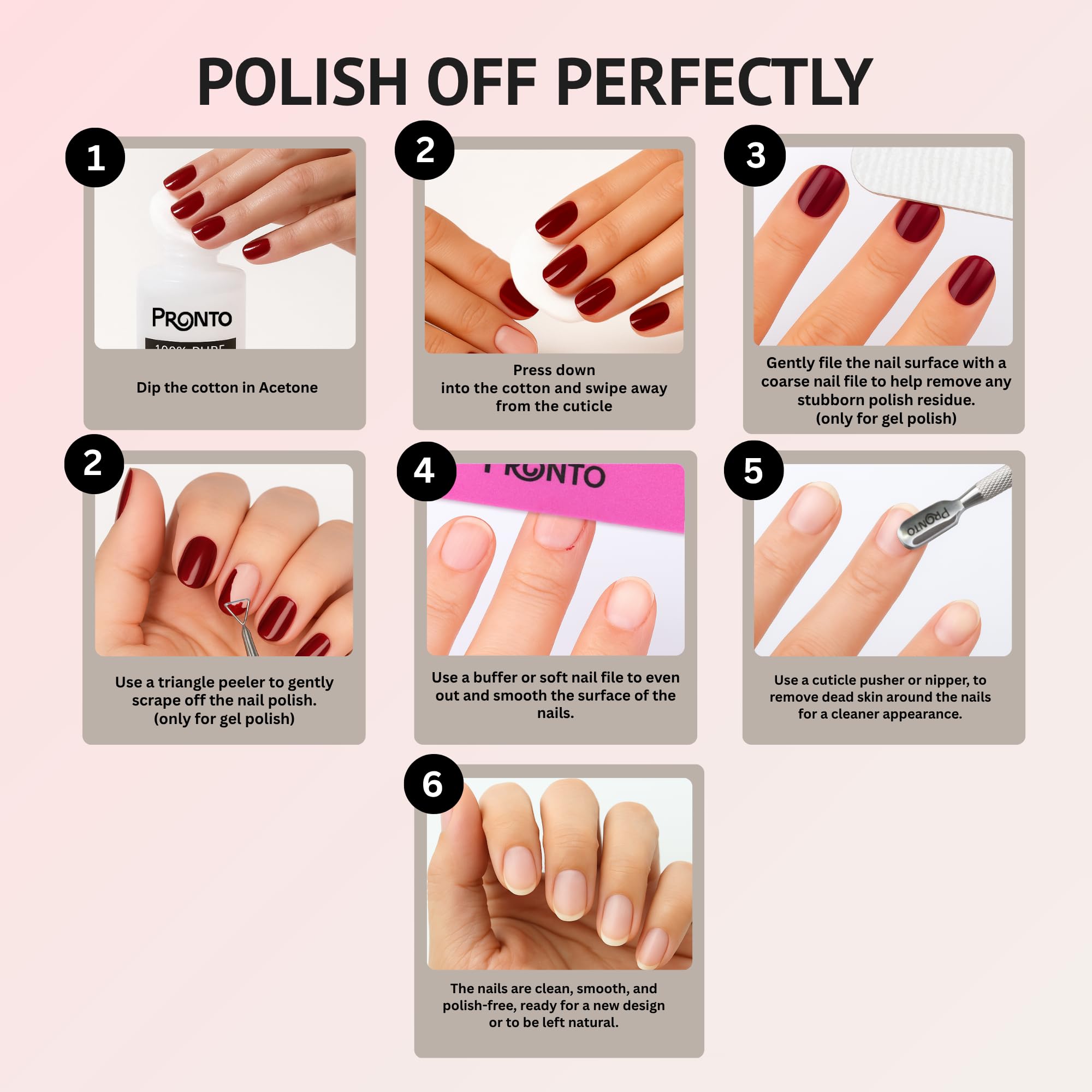 Pronto cuticle pusher included in kit for precise prep.