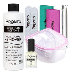 Pronto Gel Nail Polish Remover bottle with pure acetone for fast gel polish removal.