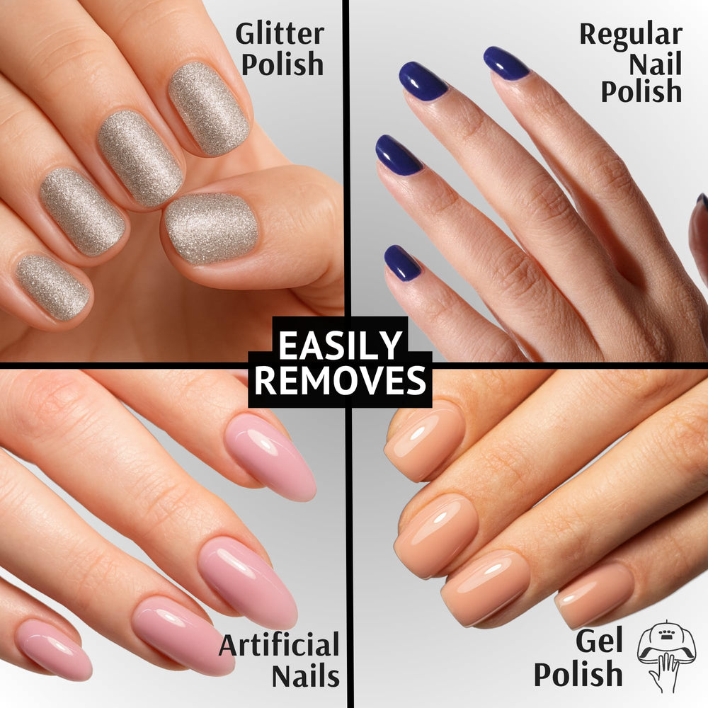 Pronto glitter removal closeup demonstrates effective nail color lifting.