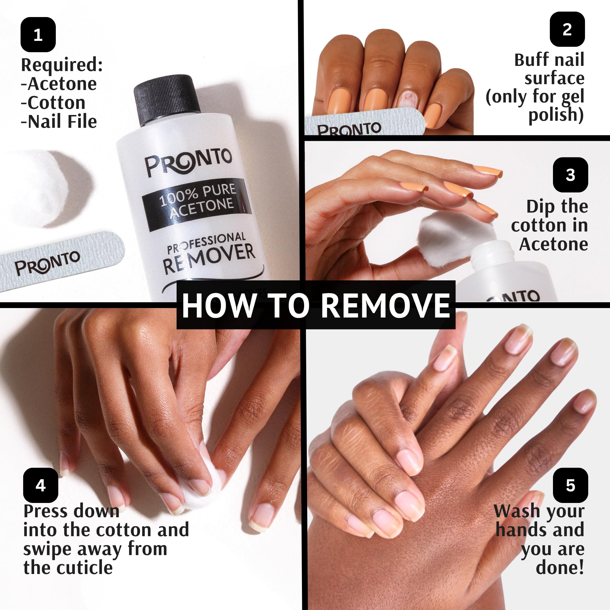 Pronto salon-quality nail remover bottle designed for professional use.