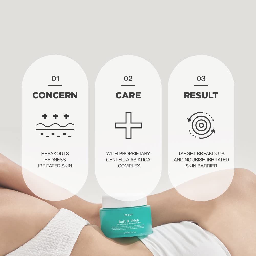 PROOT Butt Acne Cream applied on back area, illustrating multi-body use.